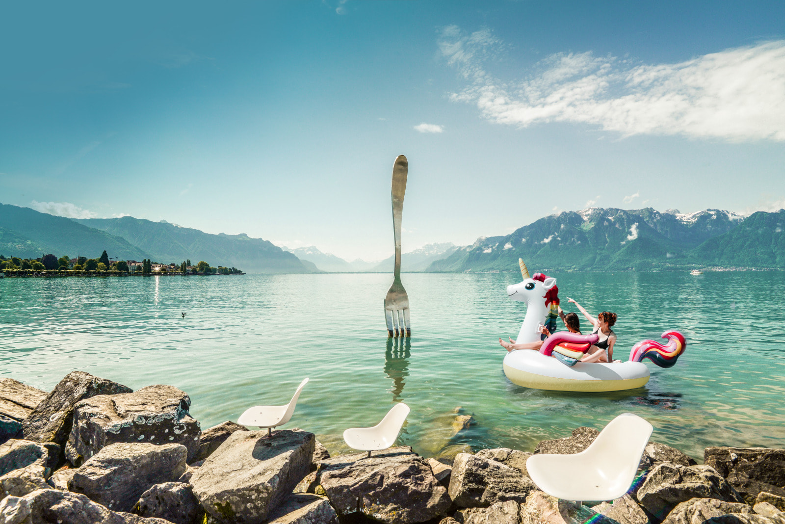 Floating Unicorn and Fork in Lake Geneva